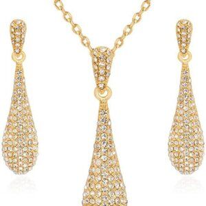 Crystal Rhinestone Tear Drop Pendant Necklace Earrings Jewelry Set Women